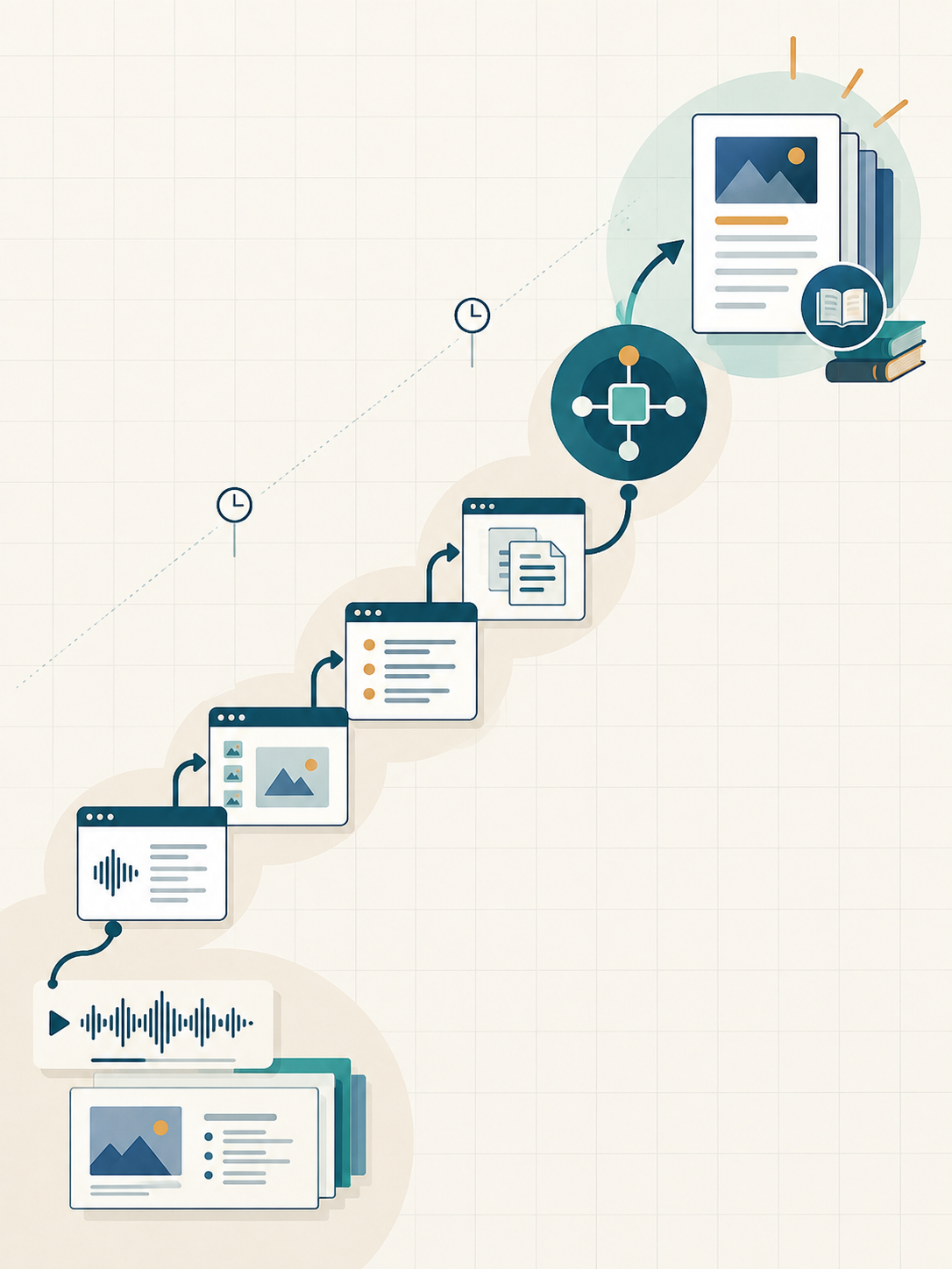 Portrait illustration of the progression from a recording and slides to an automatically prepared study guide