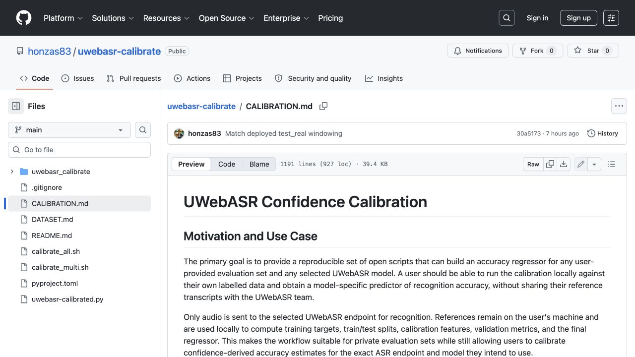 Screenshot of the UWebASR calibration repository showing the CALIBRATION.md document with the method motivation and use case