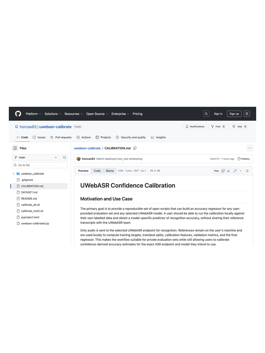 Portrait preview of the GitHub repository with the UWebASR confidence calibration method