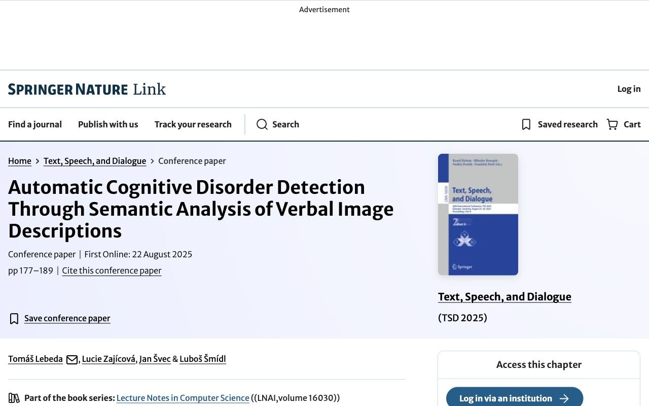 Screenshot of the Springer page for Automatic Cognitive Disorder Detection through Semantic Analysis of Verbal Image Descriptions