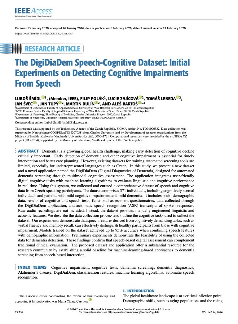 First page of the IEEE Access article introducing the DigiDiaDem Speech-Cognitive Dataset
