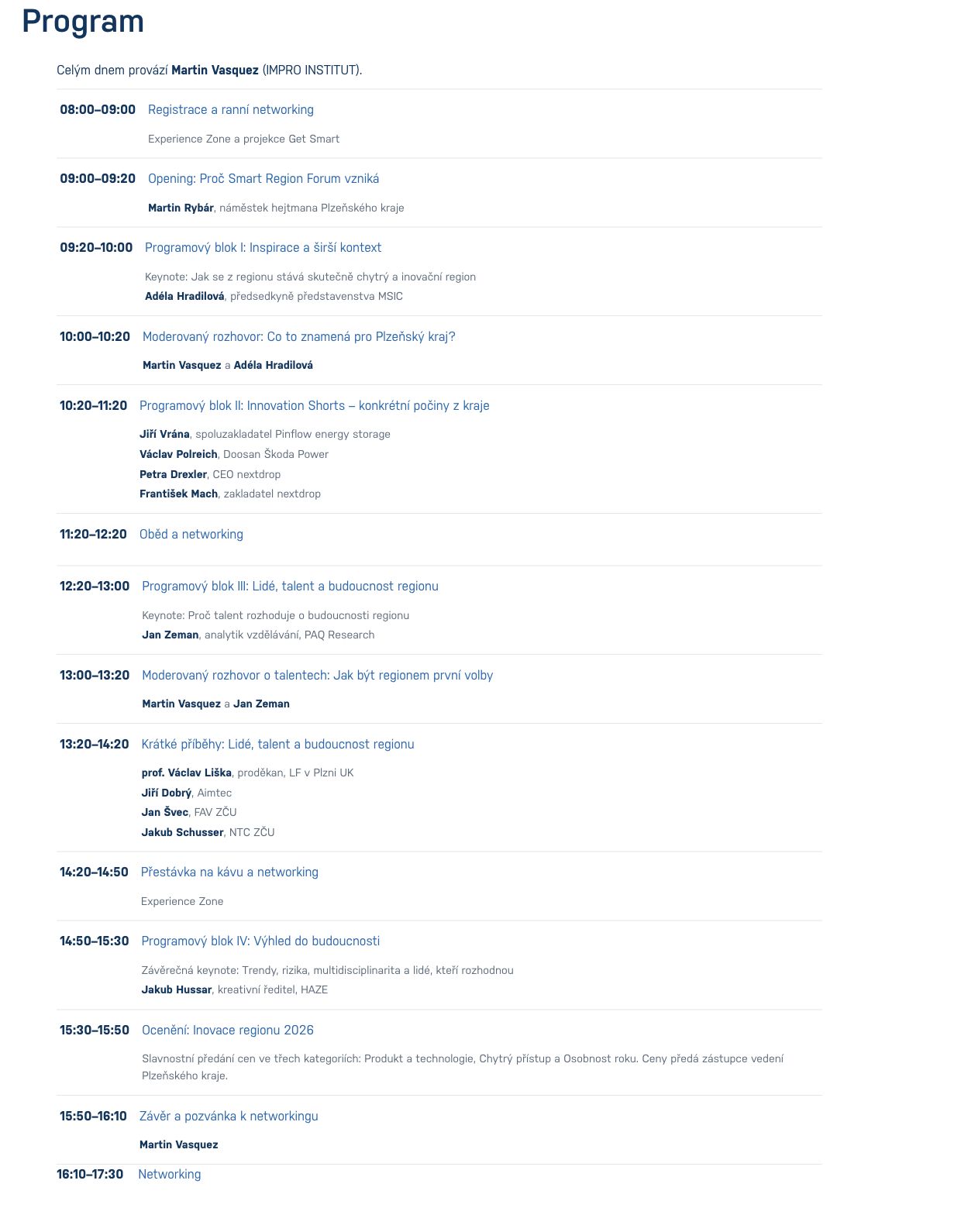 Smart Region Forum 2026 schedule from morning registration to closing networking, including the joint session with Jiří Dobrý and Jan Švec at 13:20–14:20