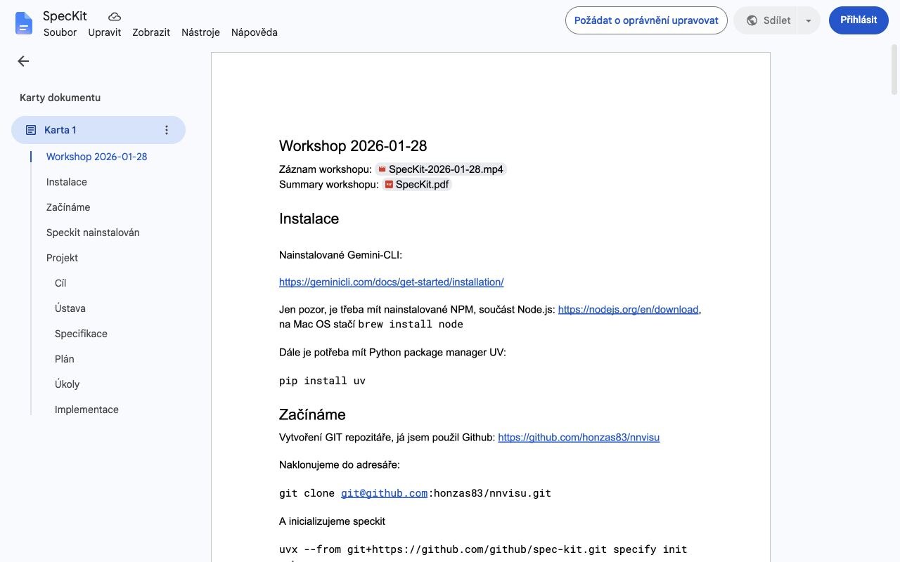 Screenshot poznámek a odkazů na záznam workshopu SpecKit